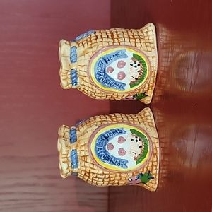 Youngs China Farmhouse Home Sweet Home Tan Burlap Bag Salt & Pepper Shaker Set